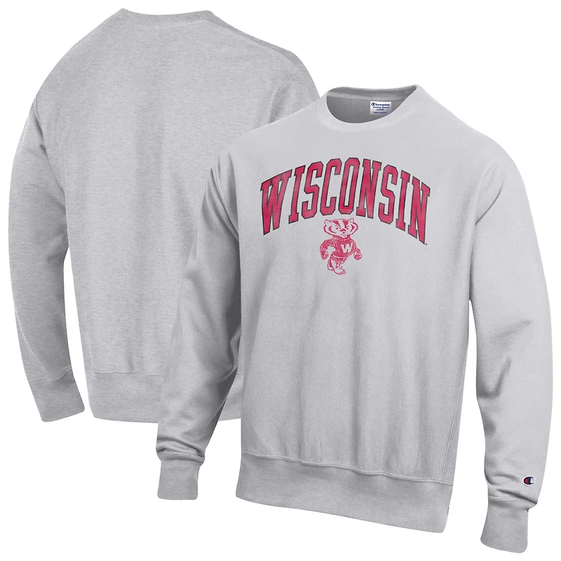 Men's Champion Gray Wisconsin Badgers Distressed Arch Over Logo Reverse Weave Crew Neck Sweatshirt