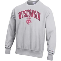 Men's Champion Gray Wisconsin Badgers Distressed Arch Over Logo Reverse Weave Crew Neck Sweatshirt