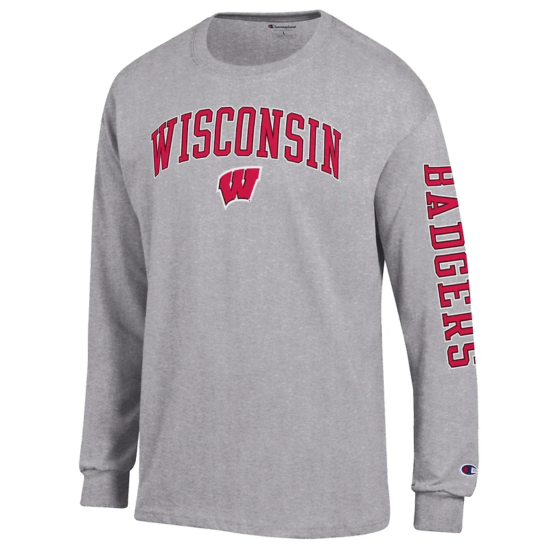 Men's Champion  Heather Gray Wisconsin Badgers Arch Over Logo 2-Hit Long Sleeve T-Shirt
