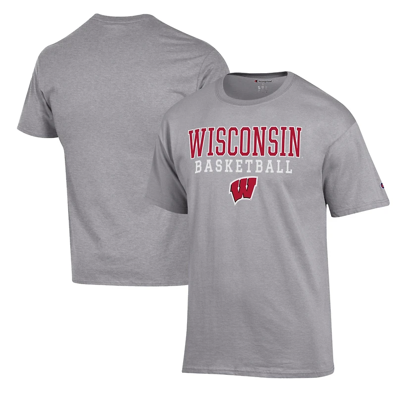 Men's Champion Heather Gray Wisconsin Badgers Basketball Stack T-Shirt