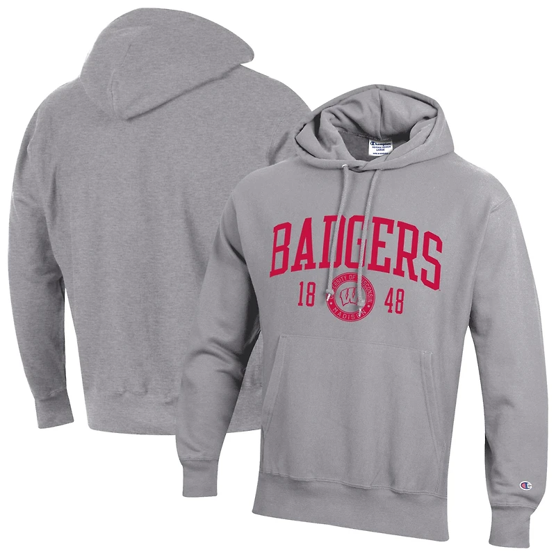 Sweat à capuche Champion pour homme, gris chiné, Wisconsin Badgers, modèle Established Reverse Weave