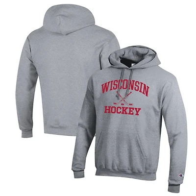 Sweat à capuche Champion pour homme, gris chiné, Wisconsin Badgers Hockey Icon Powerblend