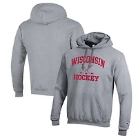 Sweat à capuche Champion pour homme, gris chiné, Wisconsin Badgers Hockey Icon Powerblend