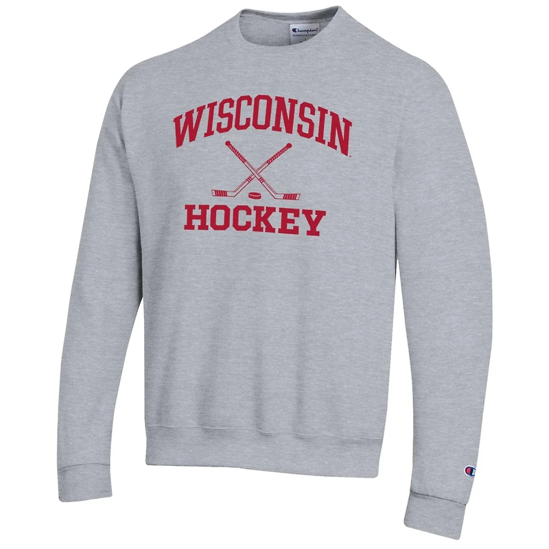Sweat-shirt à enfiler Champion pour homme, gris chiné, Wisconsin Badgers Hockey Icon Powerblend