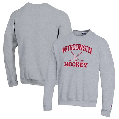 Men's Champion Heather Gray Wisconsin Badgers Hockey Icon Powerblend Pullover Sweatshirt