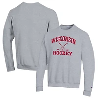 Men's Champion Heather Gray Wisconsin Badgers Hockey Icon Powerblend Pullover Sweatshirt