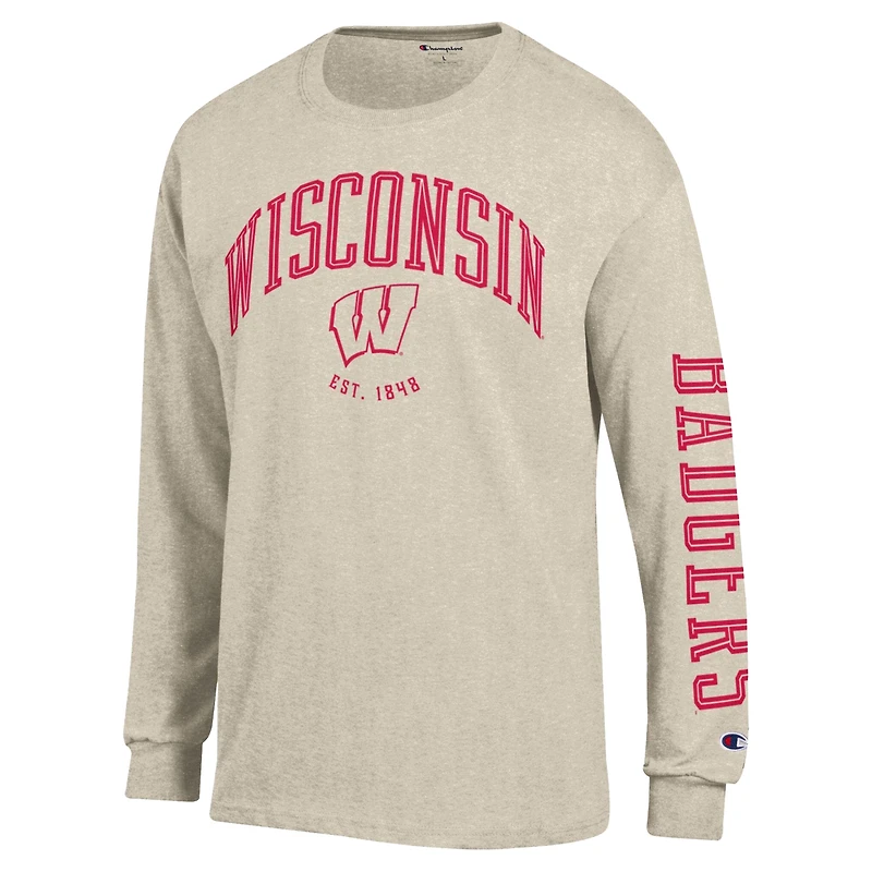 Men's Champion Heather Oatmeal Wisconsin Badgers Neutral Arch Long-Sleeve T-Shirt
