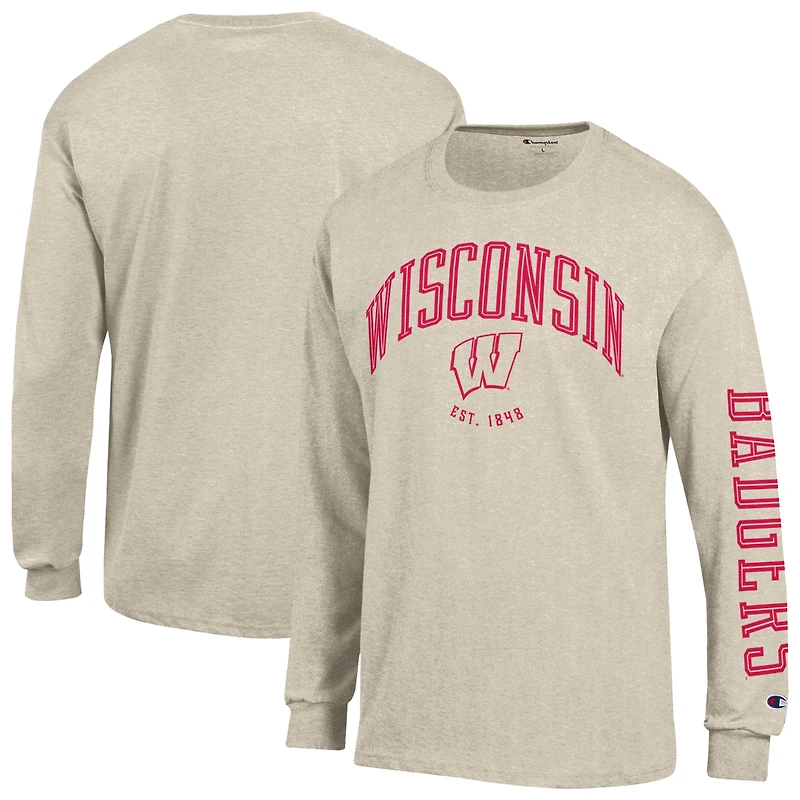 T-shirt à manches longues Champion pour homme, couleur avoine chinée, Wisconsin Badgers, motif neutre Arch
