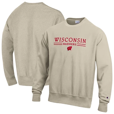 Sweat-shirt à col rond Champion pour homme, couleur avoine, Wisconsin Badgers, tissage inversé