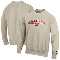 Sweat-shirt à col rond Champion pour homme, couleur avoine, Wisconsin Badgers, tissage inversé