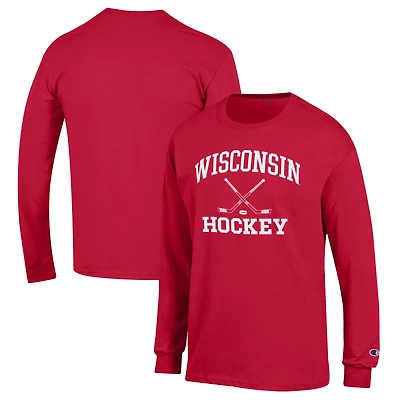 T-shirt à manches longues Champion Red Wisconsin Badgers Hockey Icon Powerblend pour homme