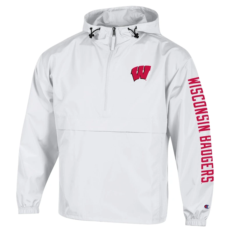 Men's Champion  White Wisconsin Badgers Cloud Packable Half-Zip Hooded Jacket