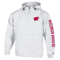 Men's Champion  White Wisconsin Badgers Cloud Packable Half-Zip Hooded Jacket