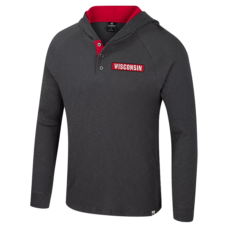 Men's Colosseum  Charcoal Wisconsin Badgers Dujour Ralgan Long Sleeve Henley Hoodie T-Shirt