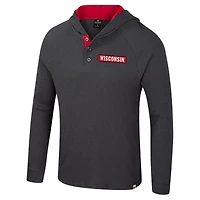 T-shirt à capuche manches longues Henley Dujour Ralgan pour homme, anthracite, Wisconsin Badgers