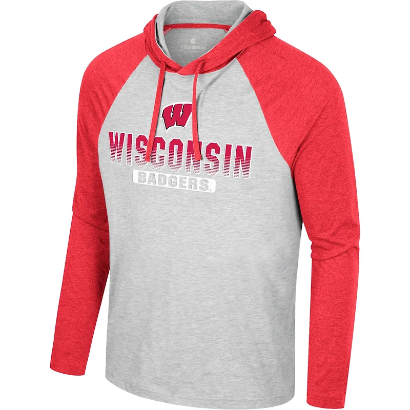 Men's Colosseum Heather Gray Wisconsin Badgers Hasta La Vista Raglan Hoodie Long Sleeve T-Shirt