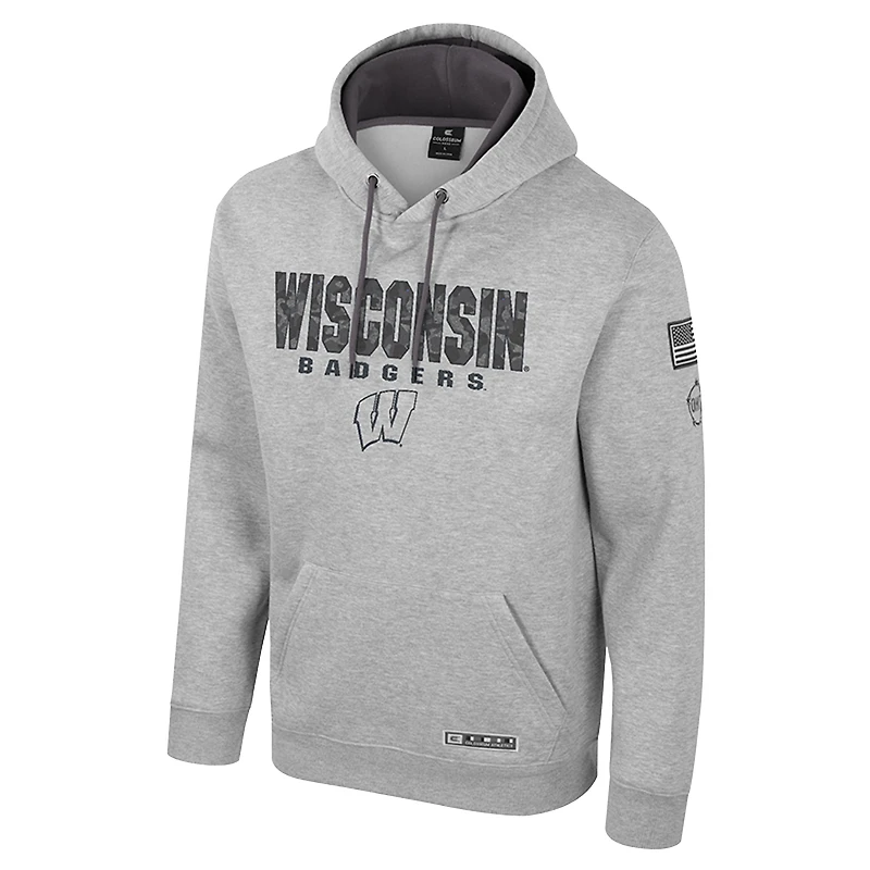 Men's Colosseum Heather Gray Wisconsin Badgers Oorah OHT Military Appreciation Pullover Hoodie