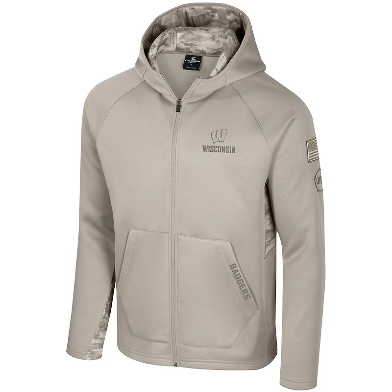 Men's Colosseum Oatmeal Wisconsin Badgers Operation Hat Trick Battalion Full-Zip Hoodie