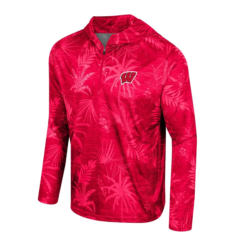 Men's Colosseum Red Wisconsin Badgers Palms Printed Lightweight Quarter-Zip Hooded Top