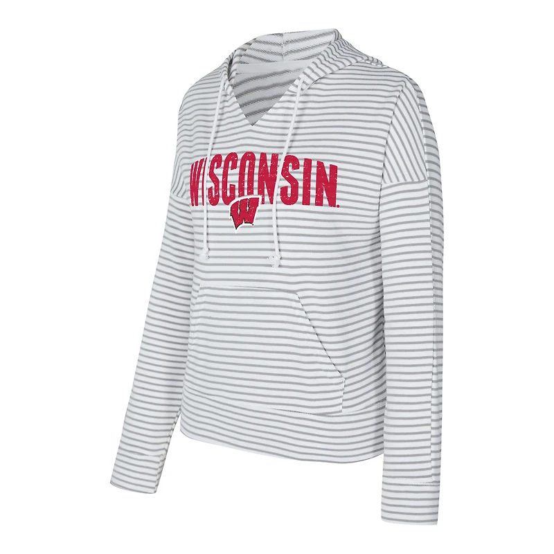 Sweat à capuche rayé col en V et manches longues Concepts Sport blanc/gris des Wisconsin Badgers pour homme