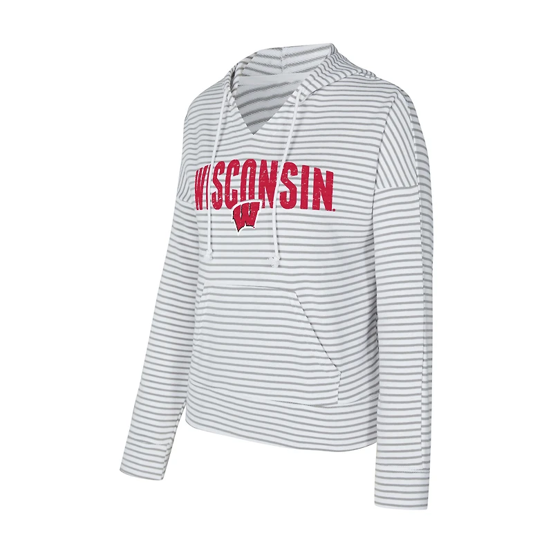 Sweat à capuche rayé col en V et manches longues Concepts Sport blanc/gris des Wisconsin Badgers pour homme