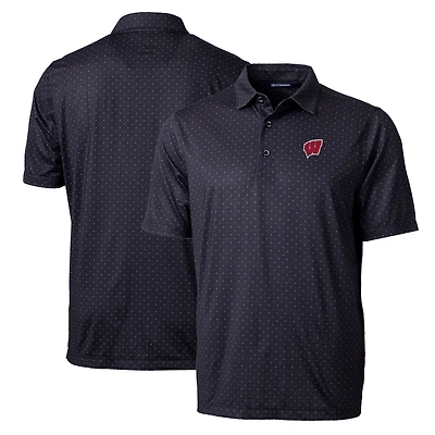 Men's Cutter & Buck Black Wisconsin Badgers Big Tall Pike Double Dot Print Stretch Polo
