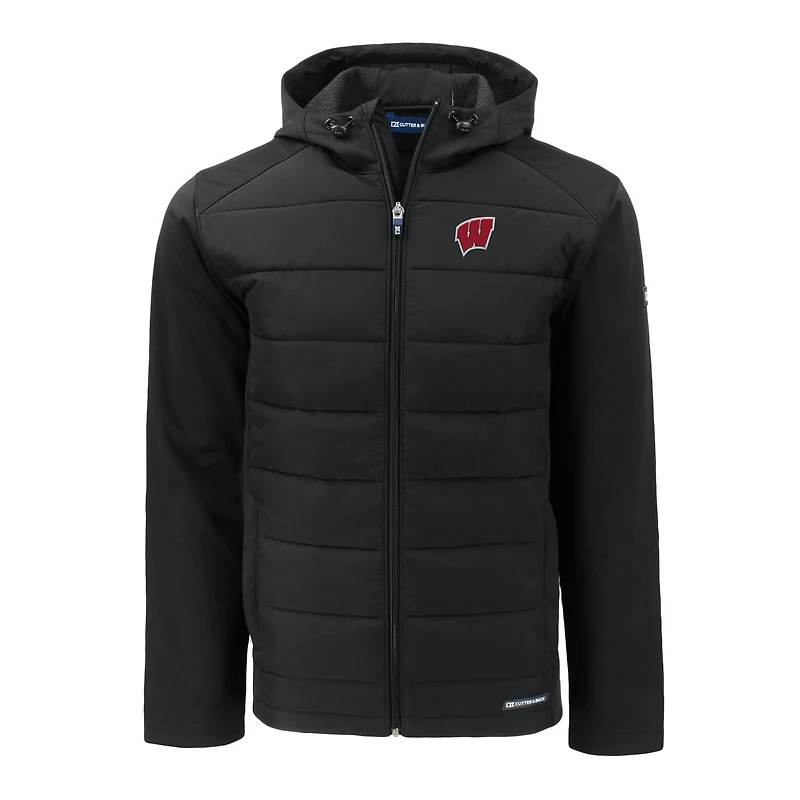 Men's Cutter & Buck  Black Wisconsin Badgers Evoke Hybrid Eco Softshell Recycled Full-Zip Hoodie Jacket