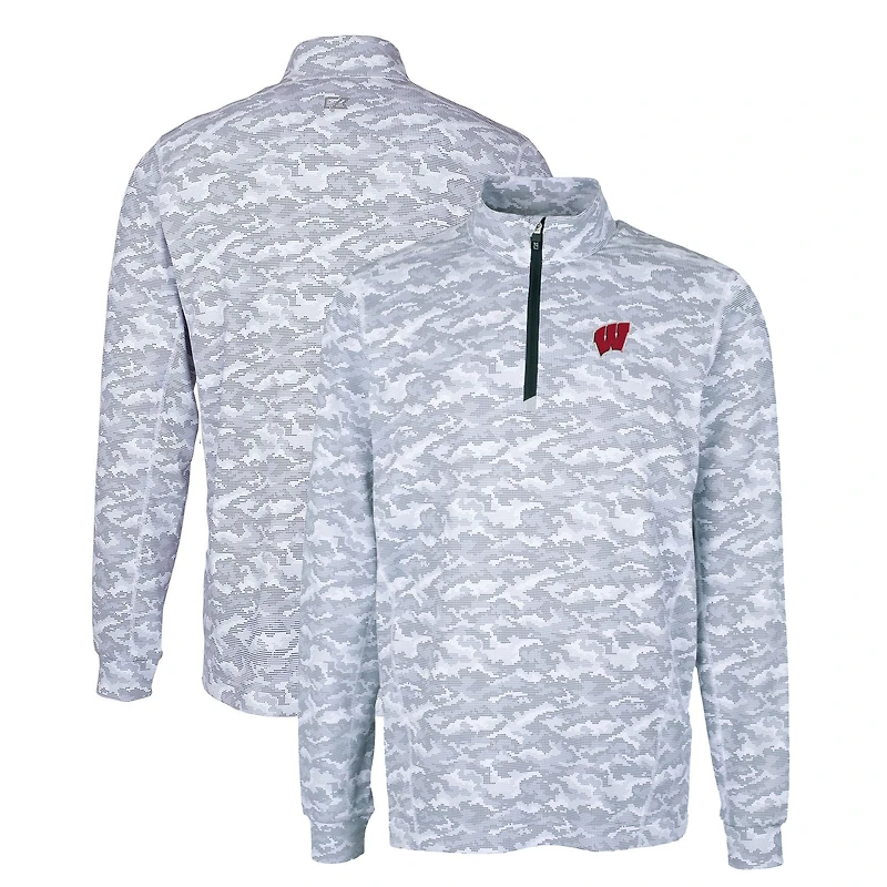 Men's Cutter & Buck Charcoal Wisconsin Badgers Big Tall Traverse Camo Print Stretch Quarter-Zip Pullover Top