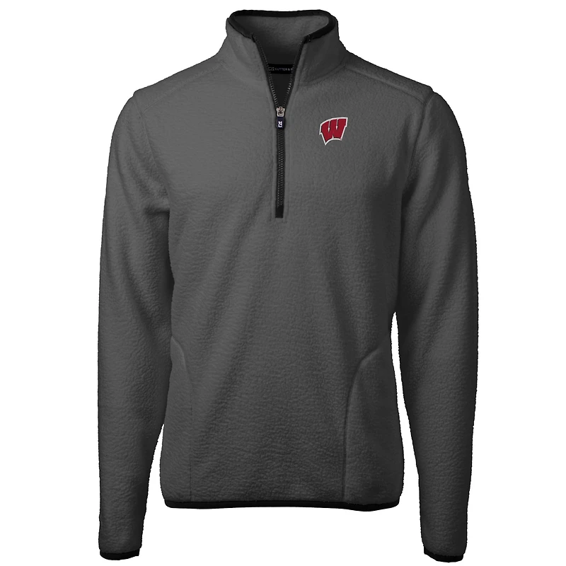 Men's Cutter & Buck  Gray/Black Wisconsin Badgers Cascade Eco Sherpa Fleece Quarter-Zip Pullover Jacket