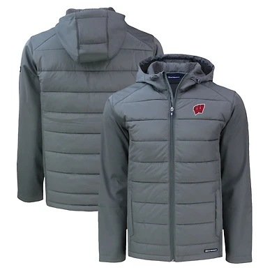 Men's Cutter & Buck  Gray Wisconsin Badgers Evoke Hybrid Eco Softshell Recycled Full-Zip Hoodie Jacket
