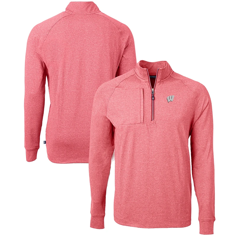 Pull-over zippé en tricot écologique Adapt pour homme, couleur rouge chiné, des Wisconsin Badgers, de la collection Big & Tall, Cutter Buck