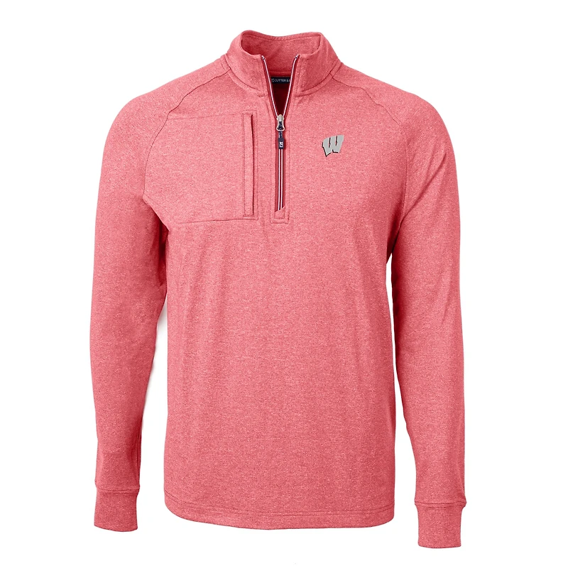 Pull-over zippé en tricot écologique Adapt pour homme, couleur rouge chiné, des Wisconsin Badgers, de la collection Big & Tall, Cutter Buck