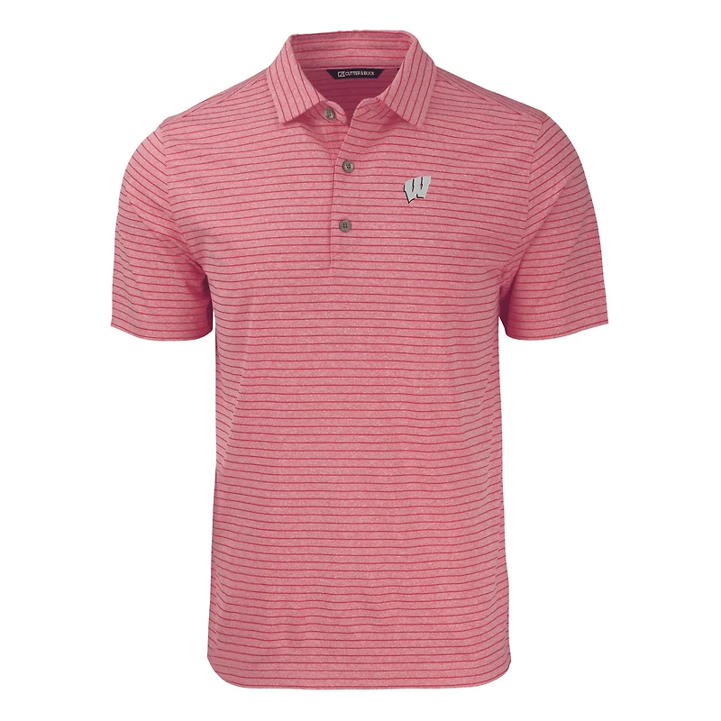 Polo extensible recyclé à rayures écologiques Forge pour homme, rouge chiné, des Wisconsin Badgers, de coupe Cutter & Buck, grandes tailles