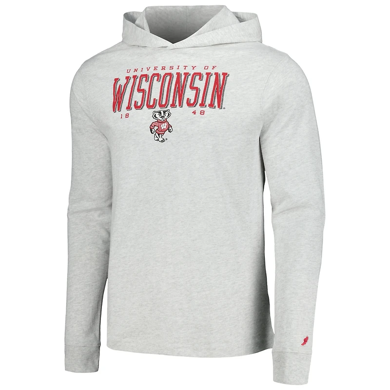 Men's League Collegiate Wear Ash Wisconsin Badgers Team Stack Tumble Long Sleeve Hooded T-Shirt