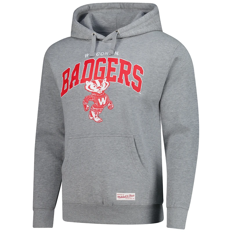 Men's Mitchell & Ness  Heather Gray Wisconsin Badgers Classic Arch Pullover Hoodie
