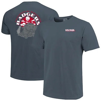 T-shirt homme Wisconsin Badgers Comfort Colors, bleu marine, avec statue de l'équipe