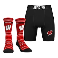 Pack combiné de chaussettes et caleçons boxeurs Rock Em Socks Wisconsin Badgers Primary Crew pour hommes