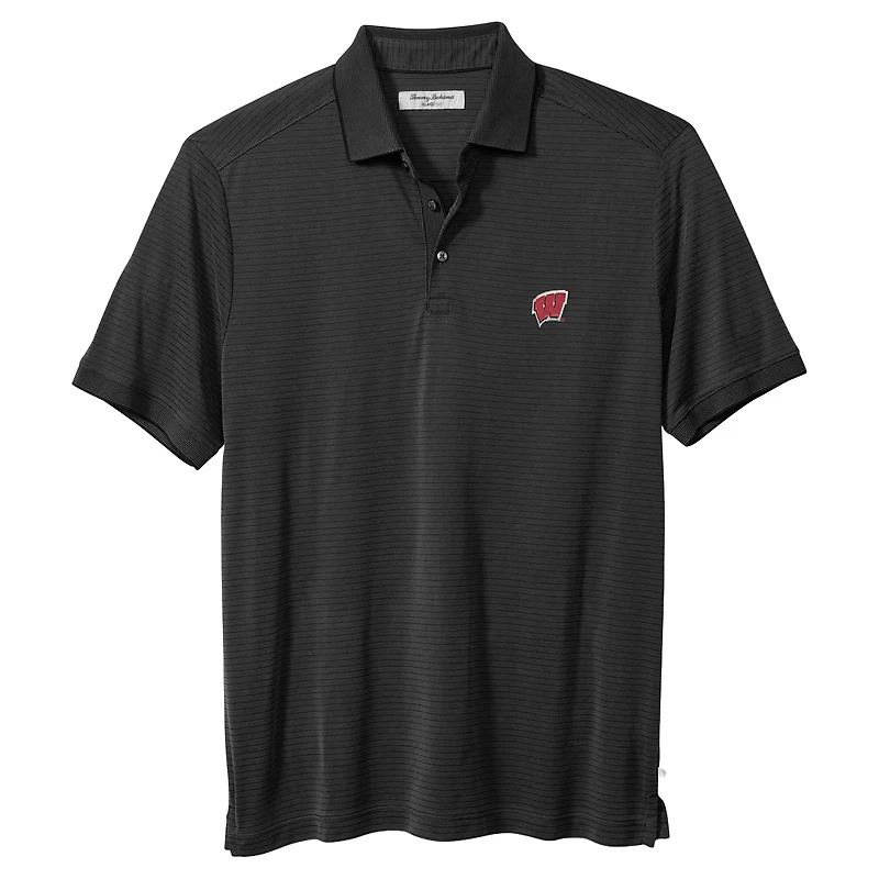 Men's Tommy Bahama Black Wisconsin Badgers IslandZone Bay Stripe Polo