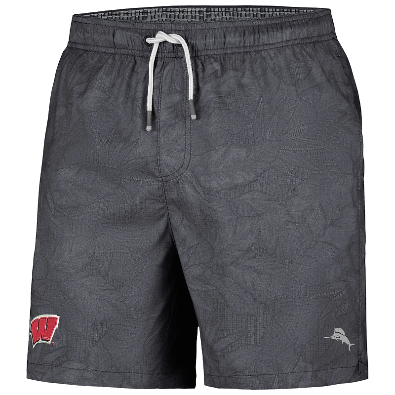 Men's Tommy Bahama Black Wisconsin Badgers Naples Layered Leaves Swim Trunks