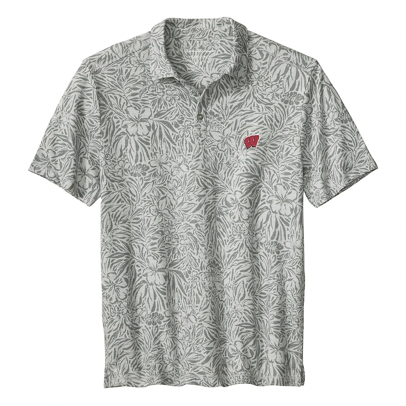 Polo Tommy Bahama gris Wisconsin Badgers IslandZone Wild Hibiscus Tri-Blend pour homme
