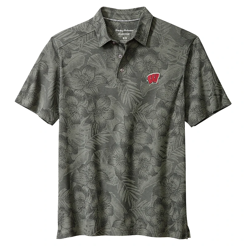 Men's Tommy Bahama Gray Wisconsin Badgers Palm Fresco Hibiscus IslandZone® Polo