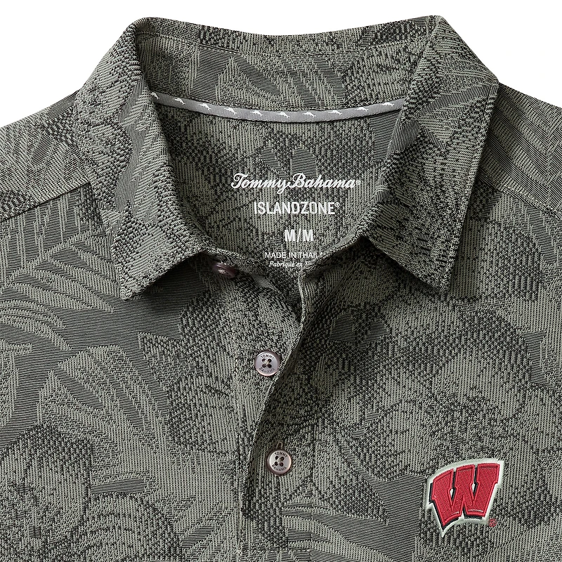 Men's Tommy Bahama Gray Wisconsin Badgers Palm Fresco Hibiscus IslandZone® Polo