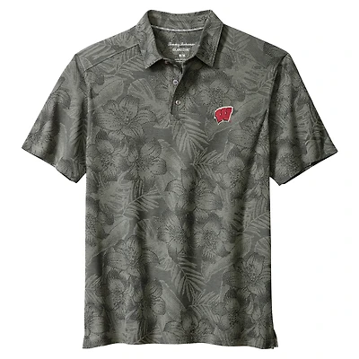 Men's Tommy Bahama Gray Wisconsin Badgers Palm Fresco Hibiscus IslandZone® Polo