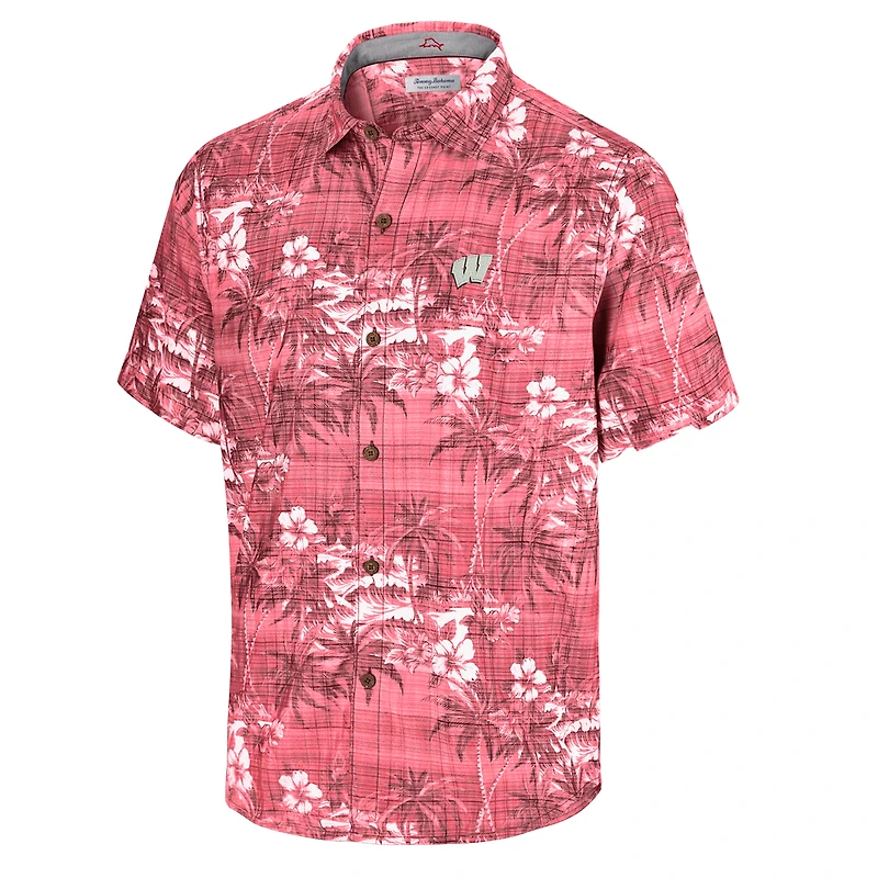 Men's Tommy Bahama Red Wisconsin Badgers Coconut Point Palmetta IslandZone Camp Button-Up Shirt