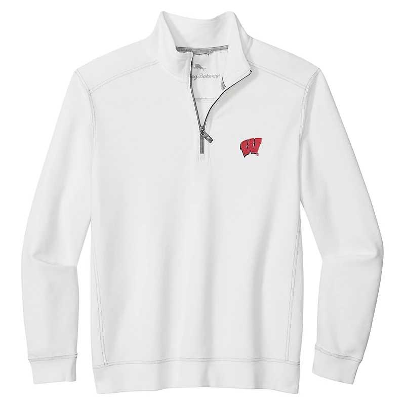 Veste demi-zip Tommy Bahama blanche pour homme, Wisconsin Badgers, Montego Bay