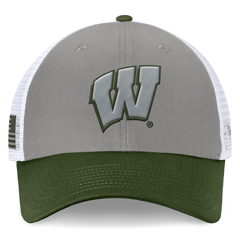 Men's Top of the World Gray/Green Wisconsin Badgers OHT Military Appreciation Badge Trucker Adjustable Hat