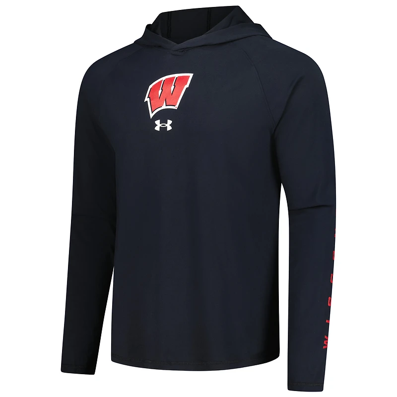Men's Under Armour  Black Wisconsin Badgers Tech Stretch Long-Sleeve Hooded T-Shirt