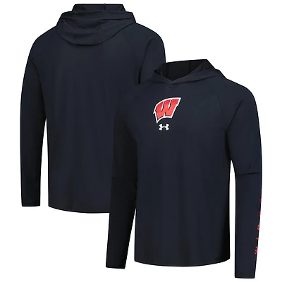 Men's Under Armour  Black Wisconsin Badgers Tech Stretch Long-Sleeve Hooded T-Shirt