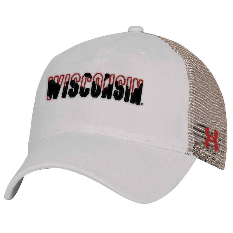 Casquette de camionneur ajustable Under Armour pour homme, couleur crème, Wisconsin Badgers College Essentials
