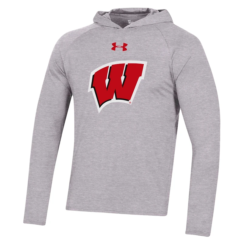 Men's Under Armour  Heather Gray Wisconsin Badgers School Logo Raglan Long Sleeve Hoodie Performance T-Shirt